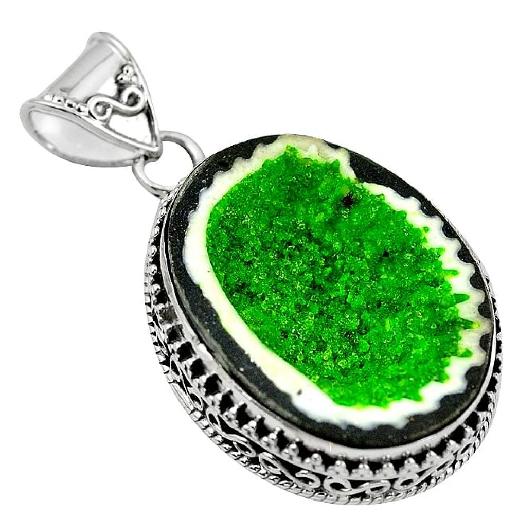 Natural green geode druzy 925 sterling silver pendant jewelry k82265