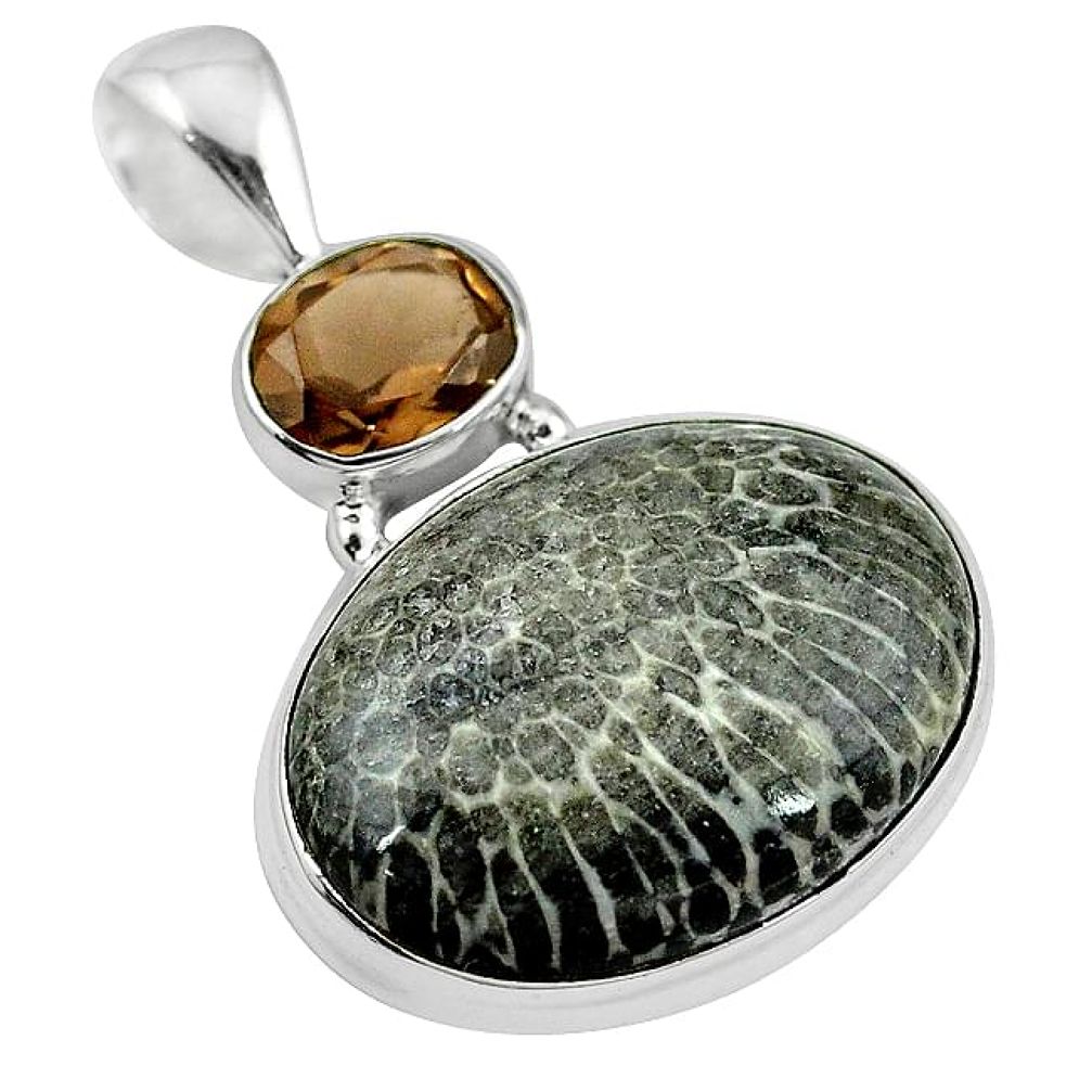 925 silver natural black stingray coral from alaska smoky topaz pendant k82511