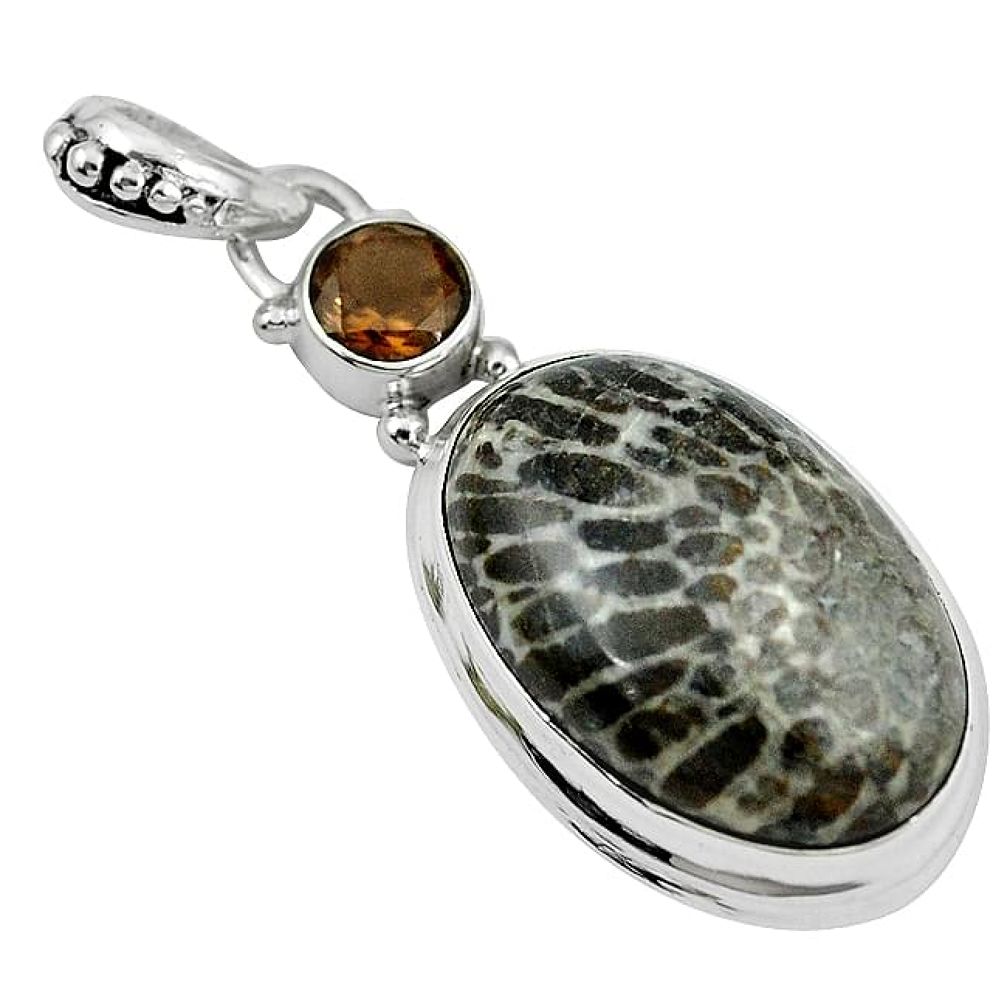 Natural black stingray coral from alaska smoky topaz 925 silver pendant k82513