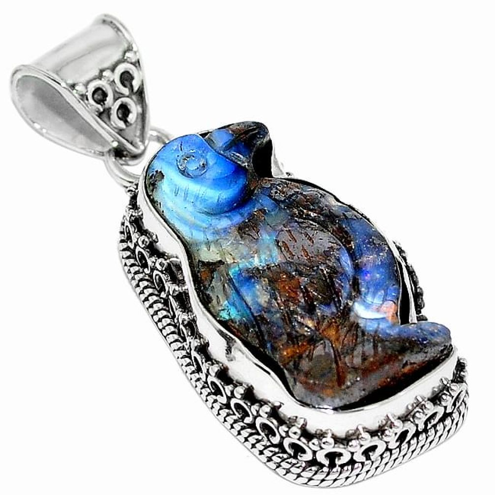 Clearance-Natural brown boulder opal carving 925 sterling silver pendant k82690