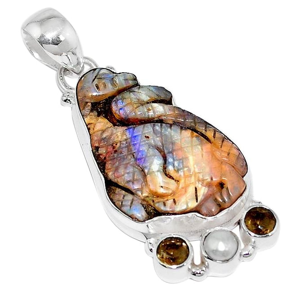 Natural brown boulder opal carving pearl 925 sterling silver pendant k82711