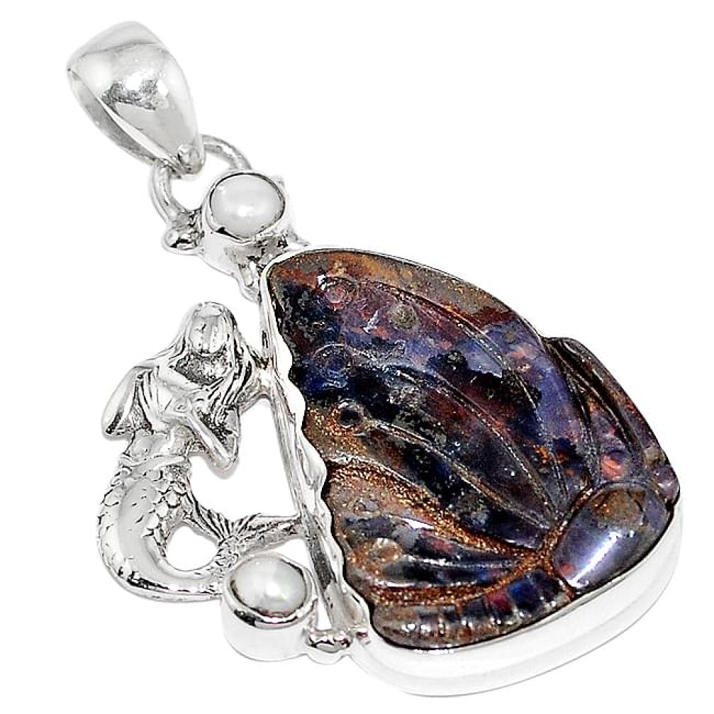 925 silver natural brown boulder opal carving pearl fairy mermaid pendant k82712