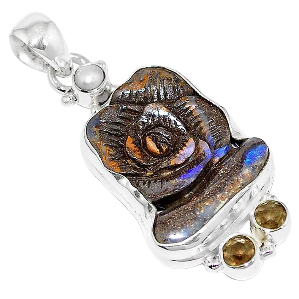 Natural brown boulder opal carving smoky topaz 925 silver pendant k82715