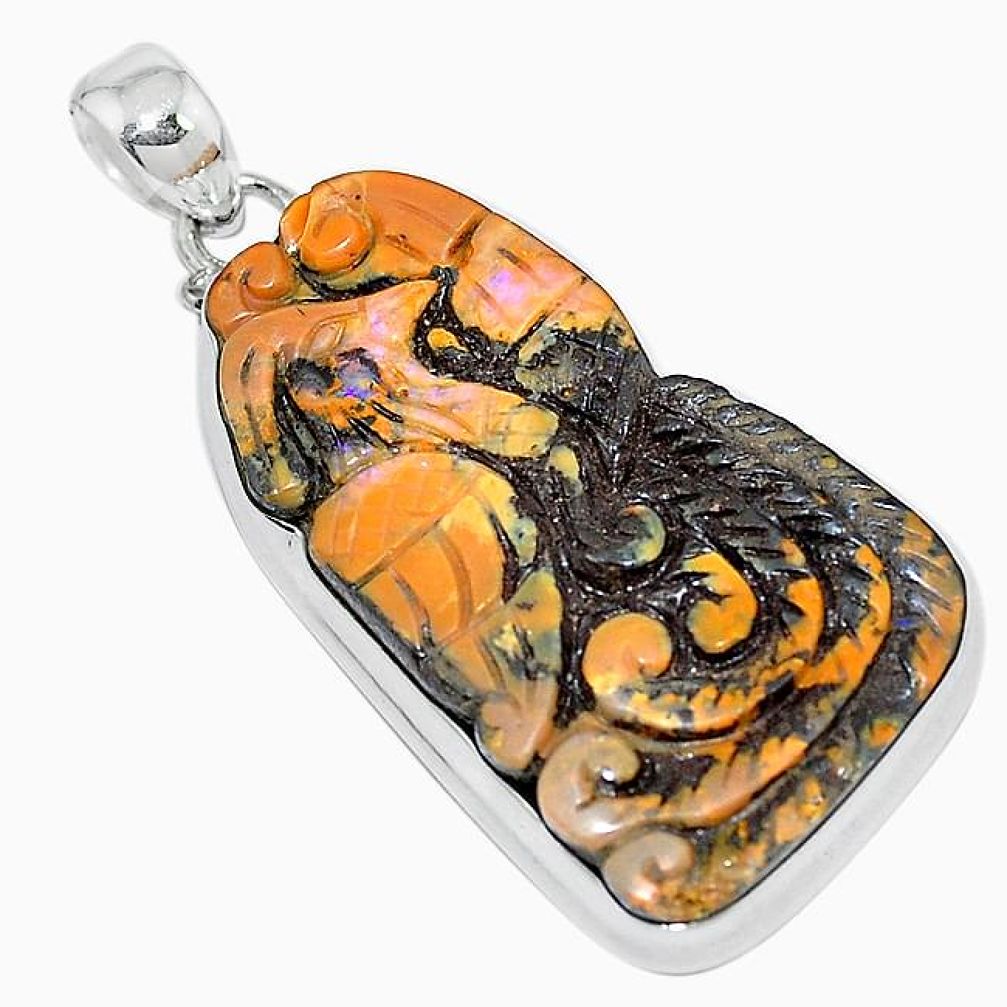 Clearance-Natural brown boulder opal carving 925 sterling silver pendant jewelry k82748