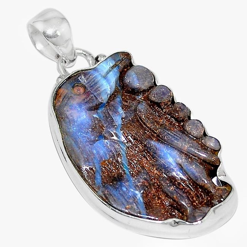 Clearance-925 sterling silver natural brown boulder opal carving pendant jewelry k82754