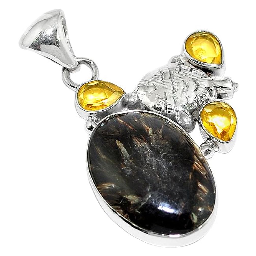 Natural black seraphinite (russian) citrine 925 silver turtle pendant k82792