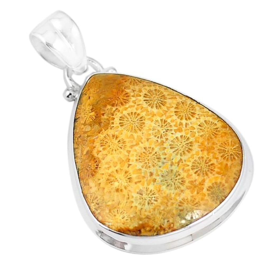 Natural yellow fossil coral (agatized) petoskey stone 925 silver pendant k84979