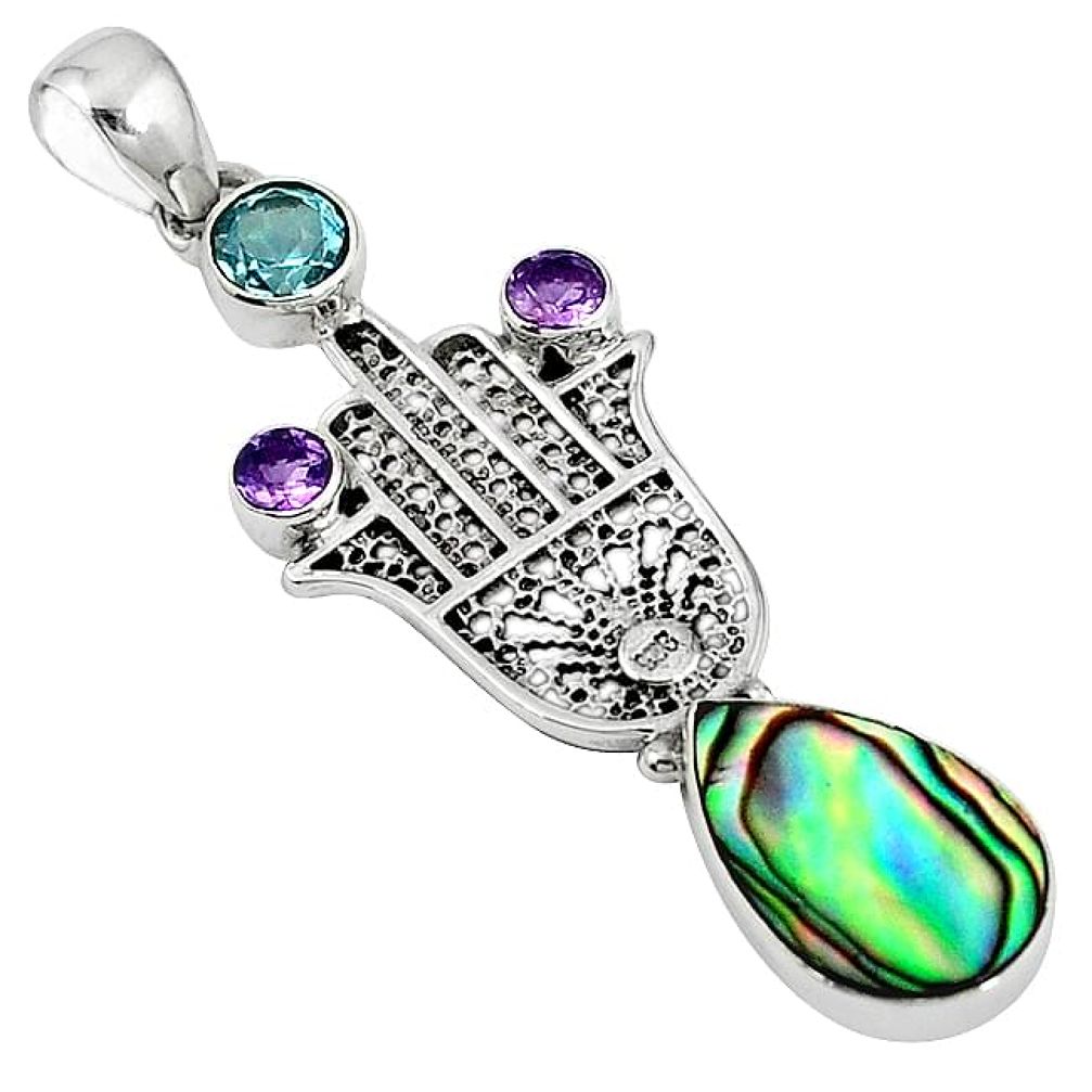 Natural green abalone paua seashell 925 silver hand of god hamsa pendant k85667