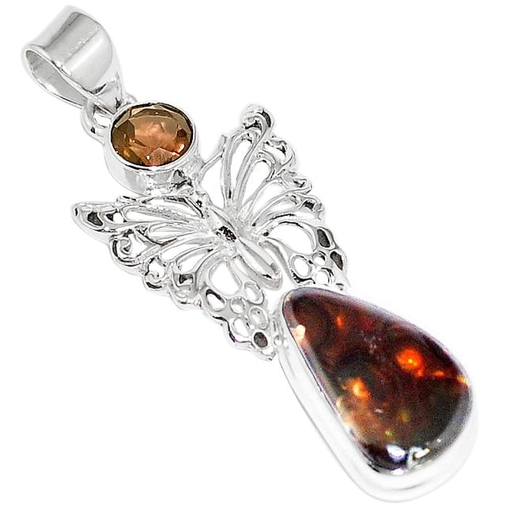 Natural mexican fire agate smoky topaz 925 silver butterfly pendant k87164