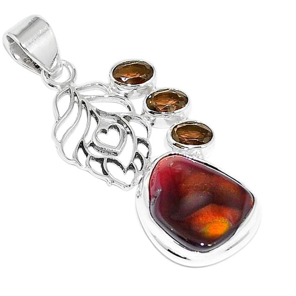 Natural mexican fire agate smoky topaz 925 silver pendant k87167