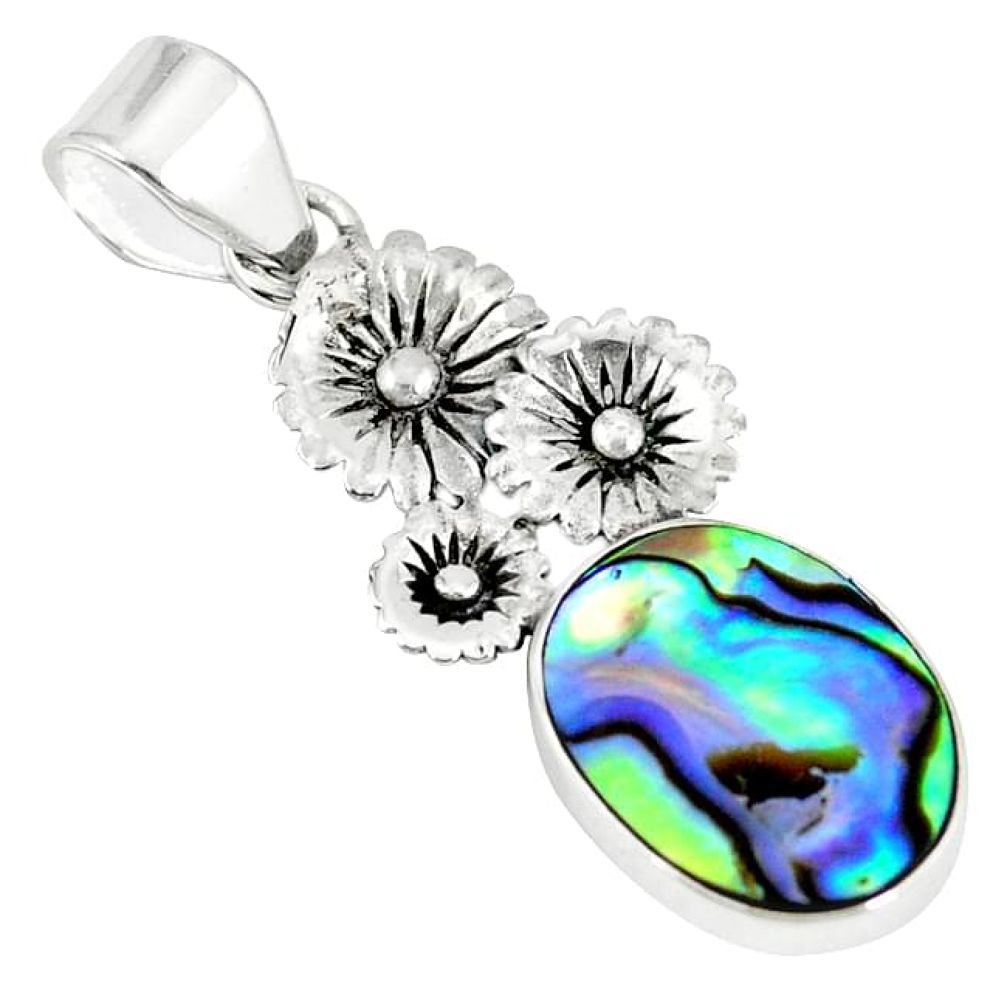 Natural green abalone paua seashell 925 sterling silver flower pendant k89146