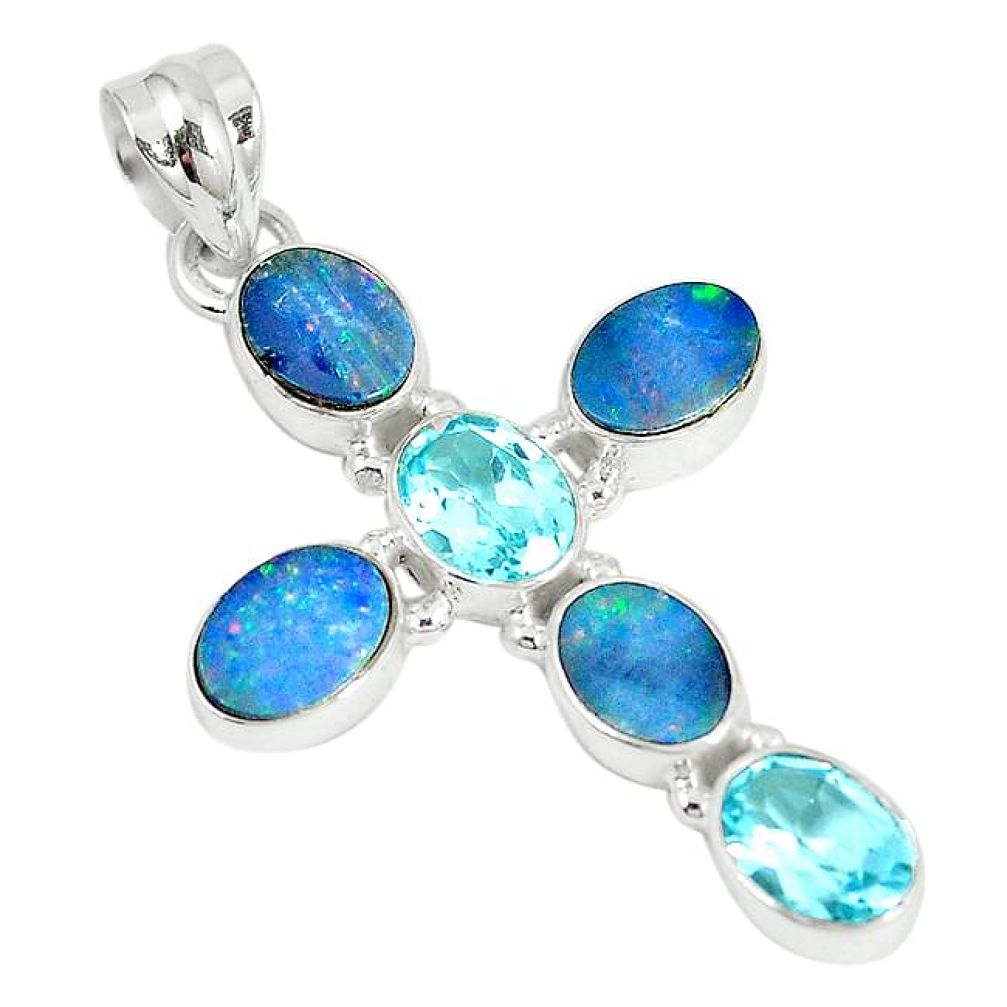 Natural blue doublet opal australian topaz 925 silver holy cross pendant k89165