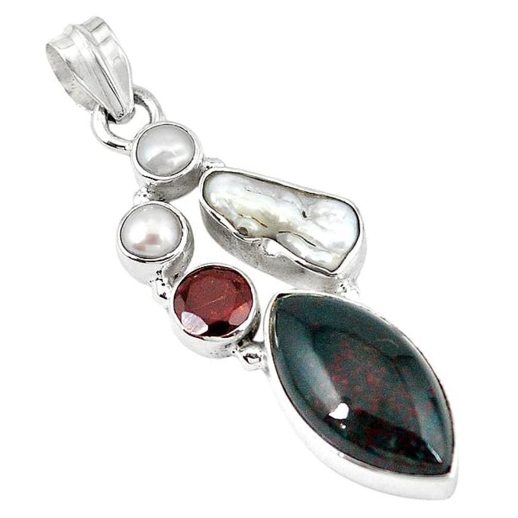 Natural green bloodstone african (heliotrope) pearl 925 silver pendant k90661