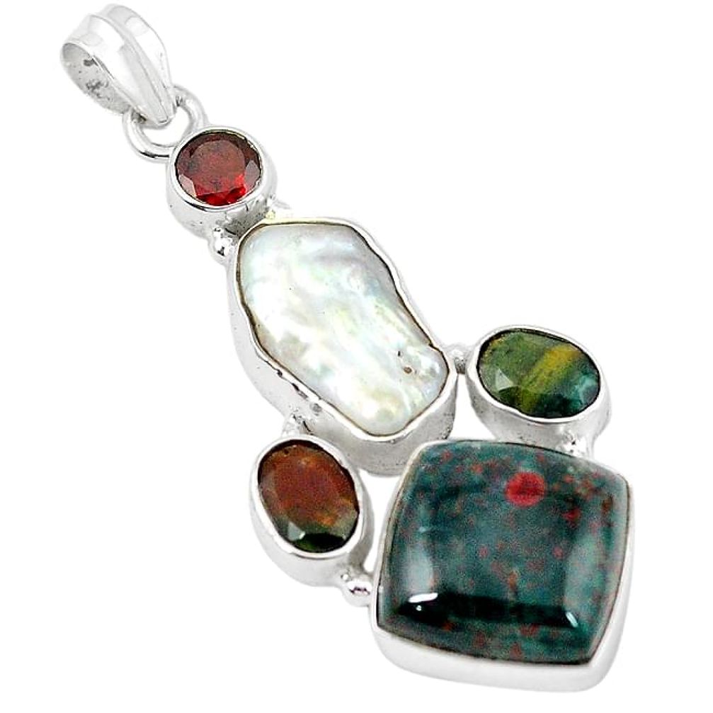 Natural green bloodstone african (heliotrope) garnet 925 silver pendant k90663