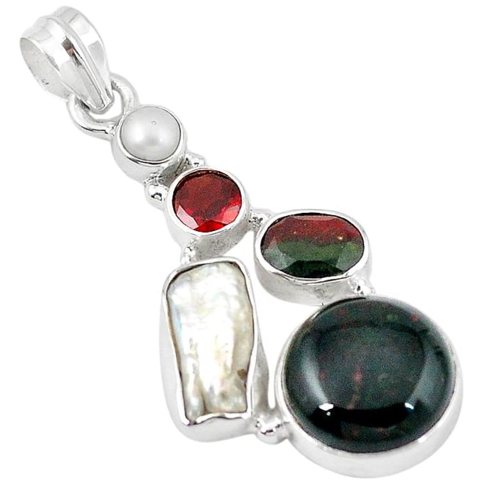 Natural green bloodstone african (heliotrope) pearl 925 silver pendant k90666