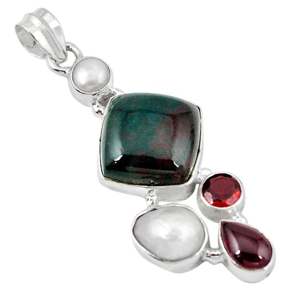 Natural green bloodstone african (heliotrope) pearl 925 silver pendant k90670