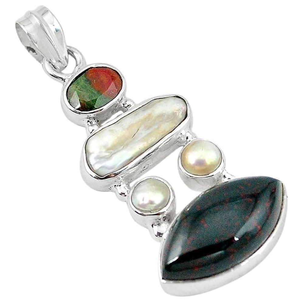 925 silver natural green bloodstone african (heliotrope) pearl pendant k90677