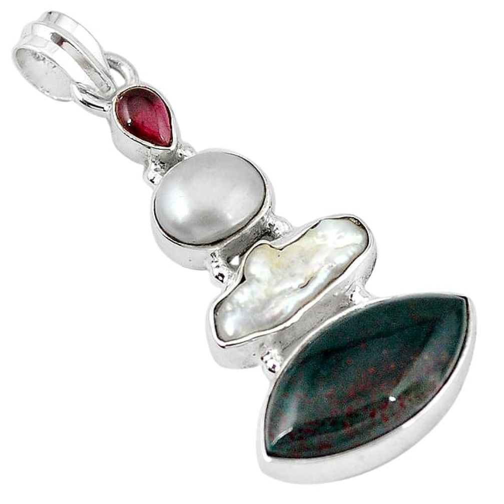 Natural green bloodstone african (heliotrope) garnet 925 silver pendant k90678