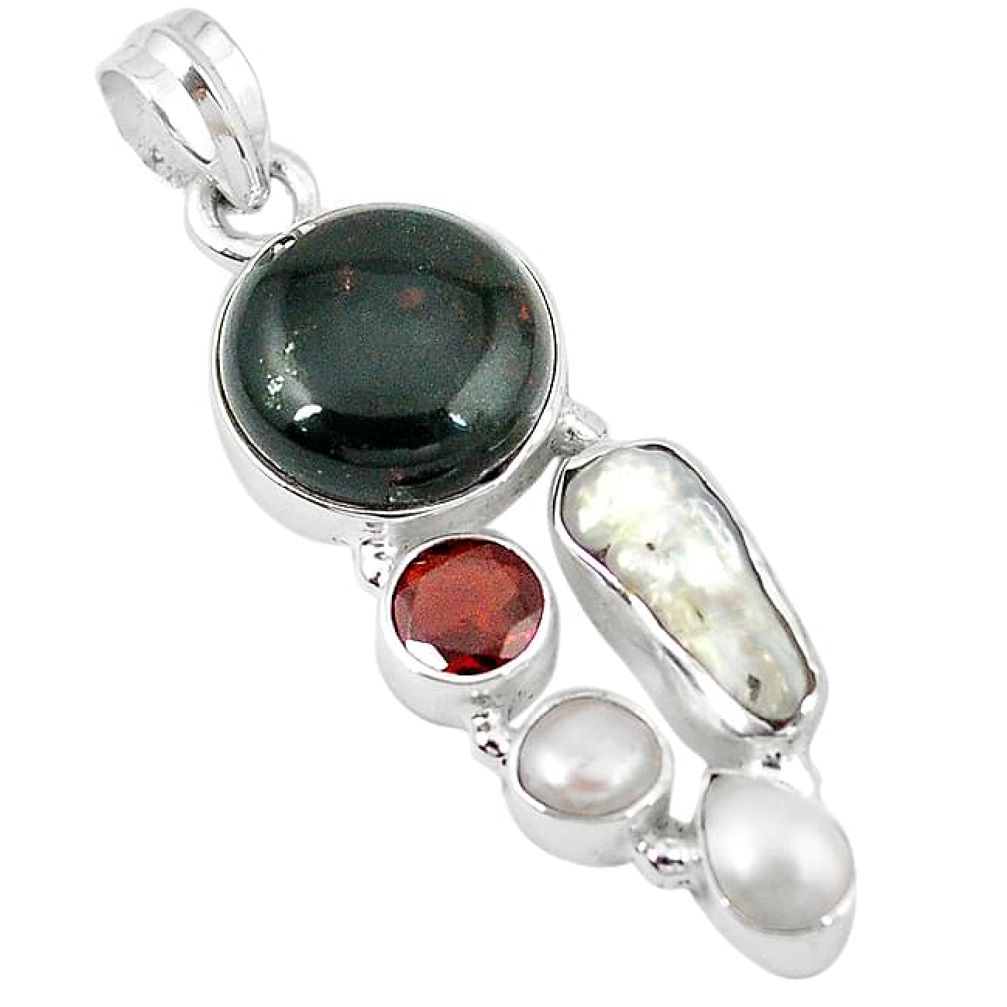 Natural green bloodstone african (heliotrope) pearl 925 silver pendant k90679