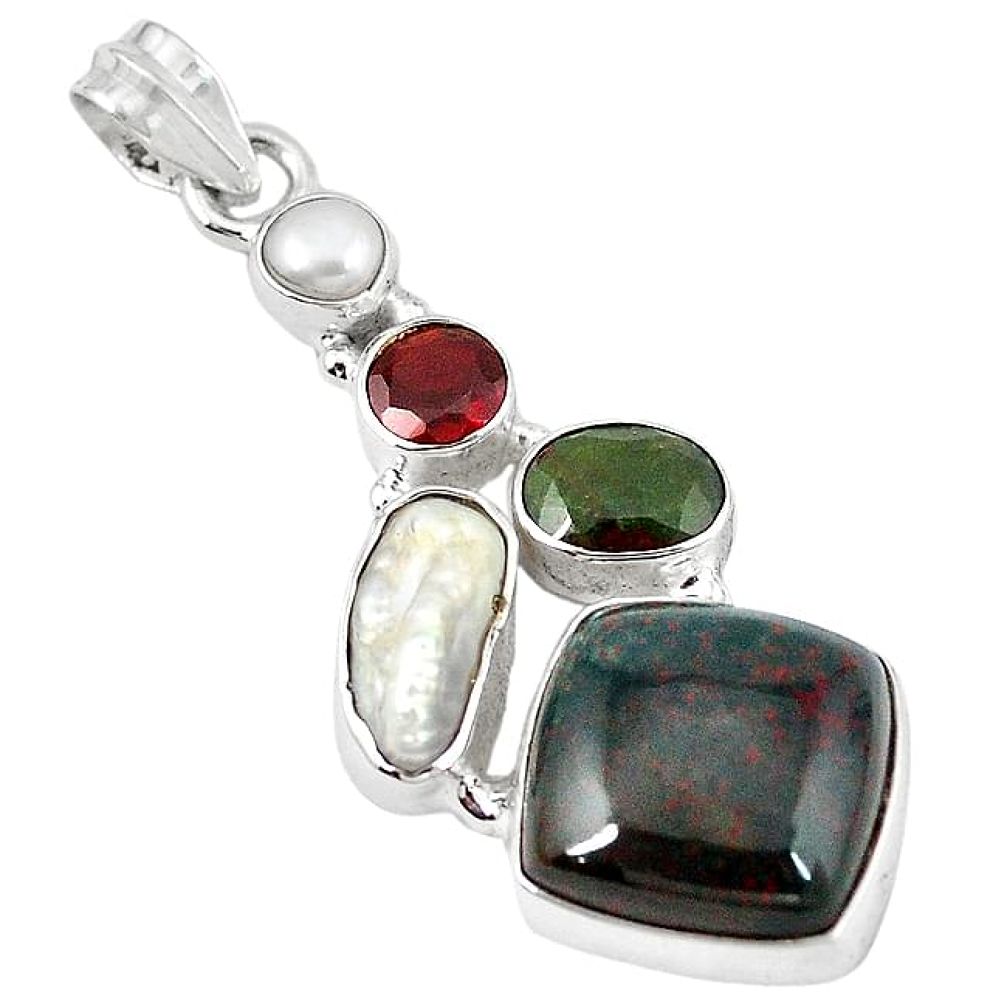 925 silver natural green bloodstone african (heliotrope) pearl pendant k90680