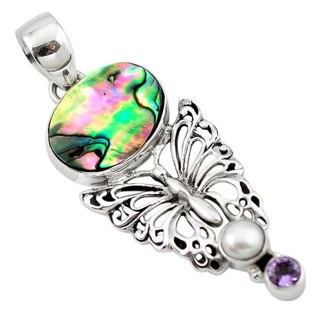 Natural green abalone paua seashell 925 silver butterfly pendant k92866