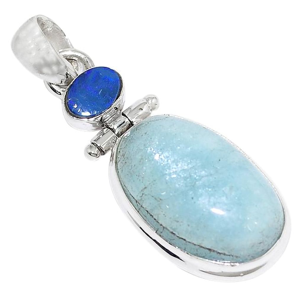 Natural blue aquamarine doublet opal australian 925 silver pendant k94592