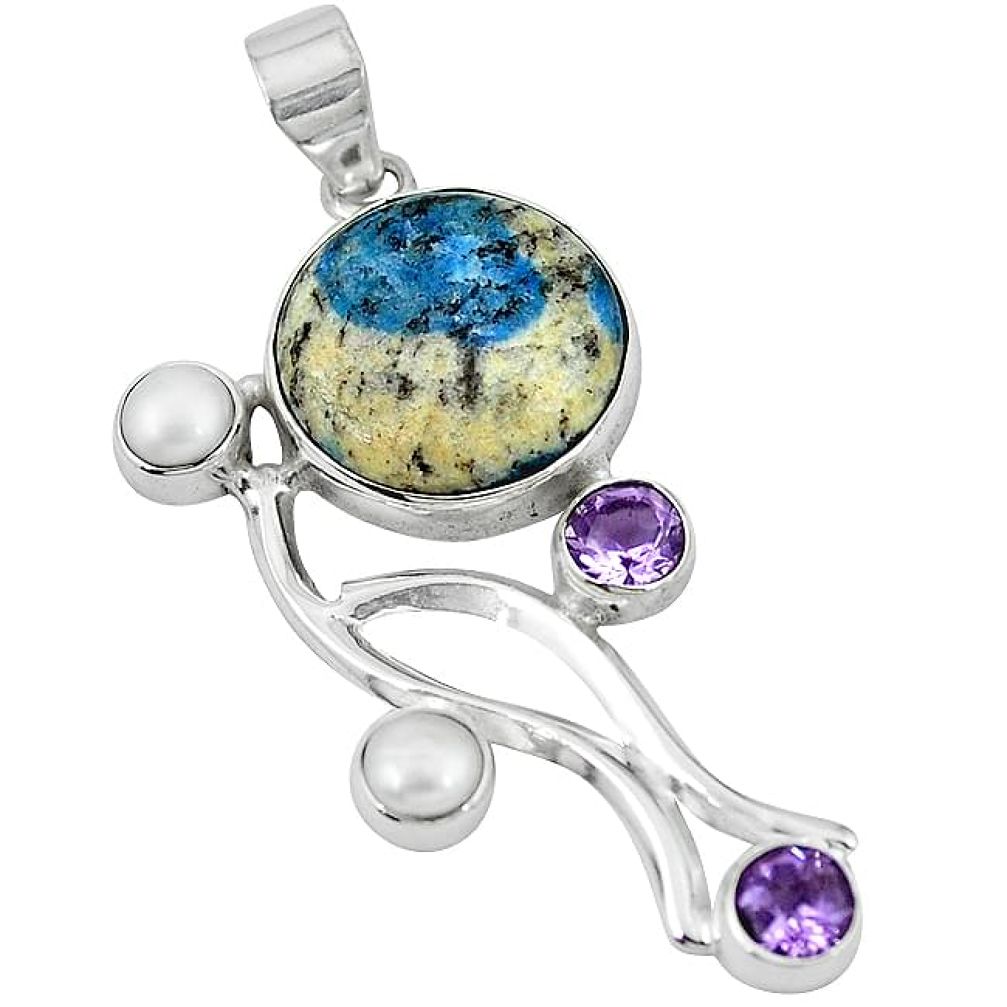 Natural k2 blue (azurite in quartz) amethyst pearl 925 silver pendant k95273