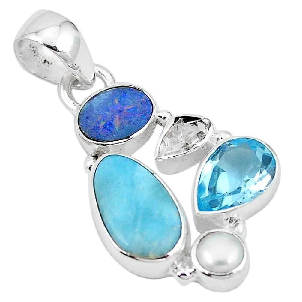 Natural blue larimar doublet opal australian topaz 925 silver pendant k95339