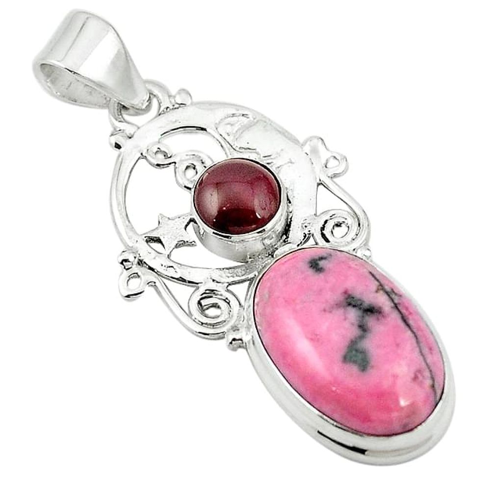 Pink rhodonite in black manganese 925 silver crescent moon star pendant k96237