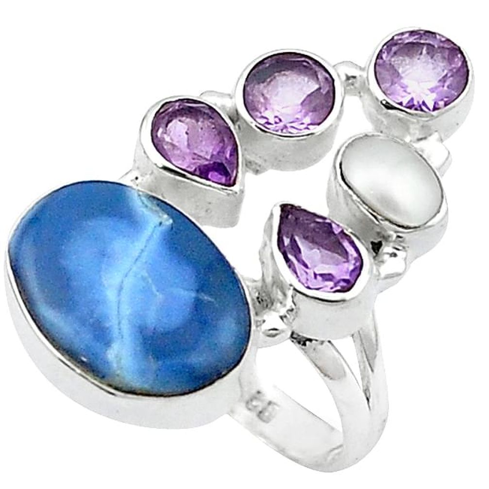 Clearance-Natural blue owyhee opal amethyst 925 sterling silver ring size 7 k59065