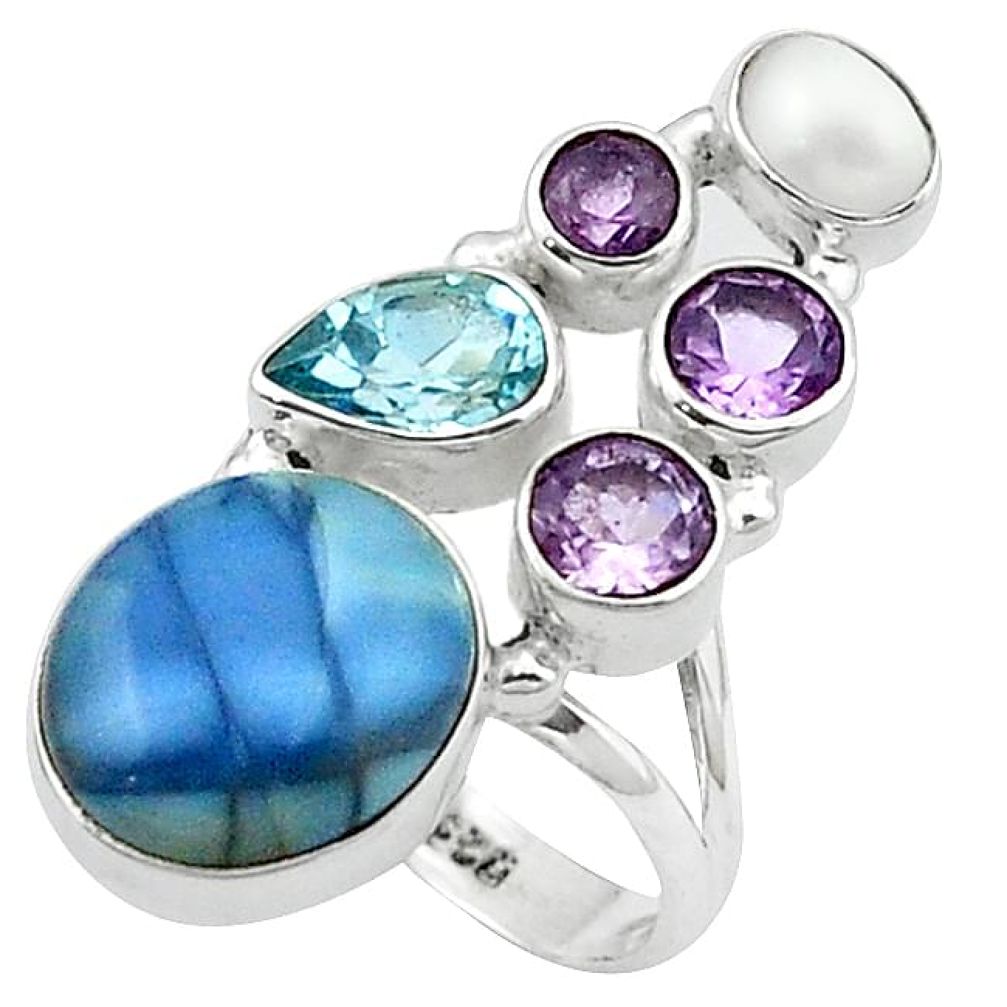 Clearance-Natural blue owyhee opal amethyst pearl 925 silver ring size 7 k59066