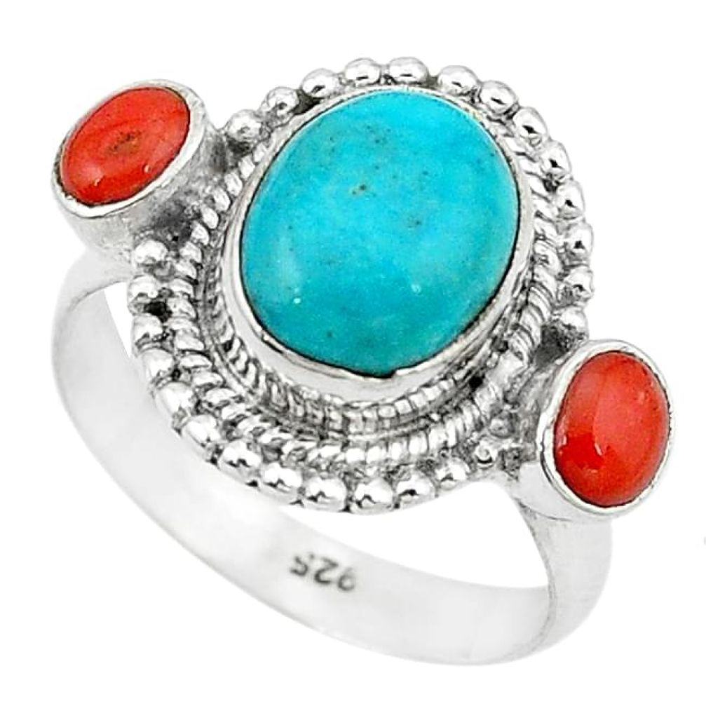 Clearance-925 silver natural green turquoise tibetan red coral ring size 7.5 k59400