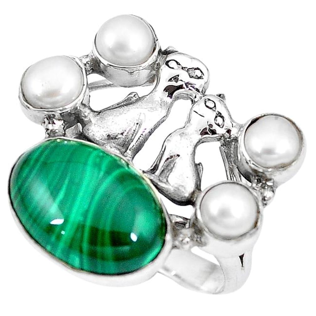 Clearance-Natural green malachite (pilot's stone) 925 silver two cats ring size 9 k61430