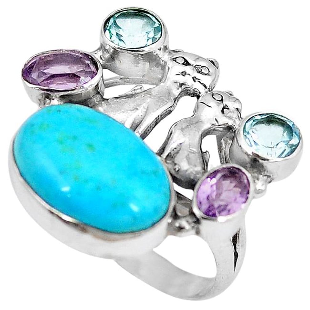 Clearance-Blue arizona mohave turquoise topaz 925 silver two cats ring size 9 k61432