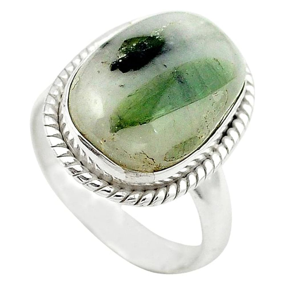 Clearance-Natural green tourmaline in quartz 925 silver ring jewelry size 8.5 k72566