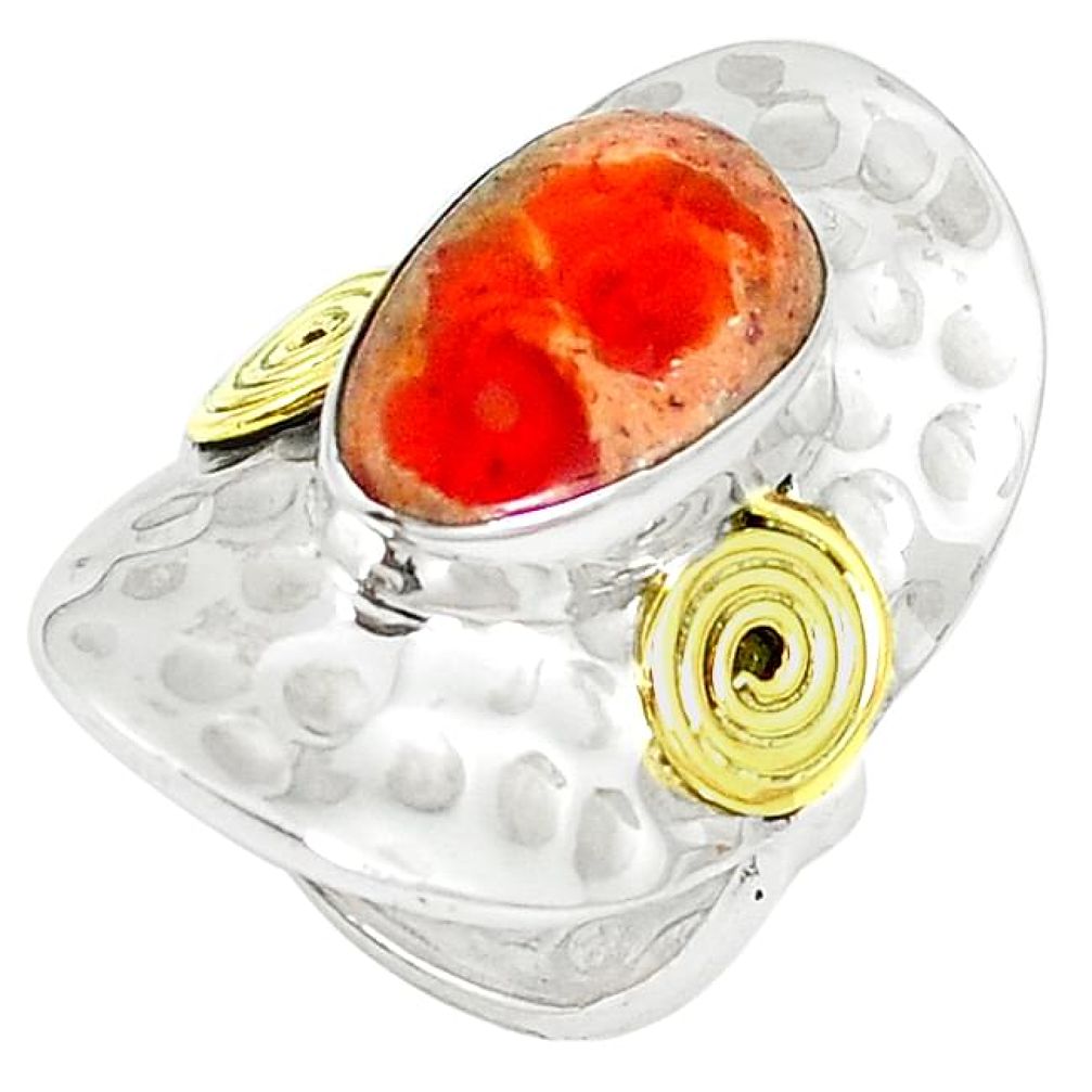 Clearance-Natural multi color mexican fire opal 925 silver 14k gold ring size 5.5 k74789