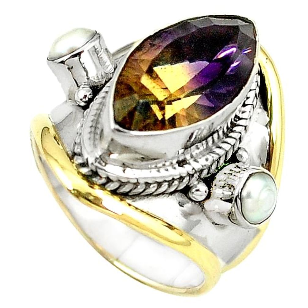 Clearance-Multi color ametrine (lab) pearl 925 silver 14k gold ring size 7 k78799