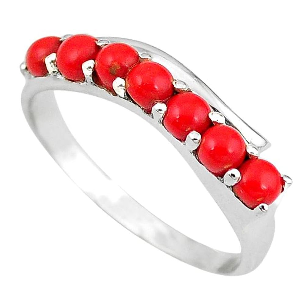 Red coral round shape 925 sterling silver ring jewelry size 7 k82296