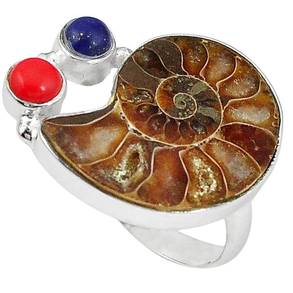 Natural brown ammonite fossil coral 925 sterling silver ring size 8 k83945