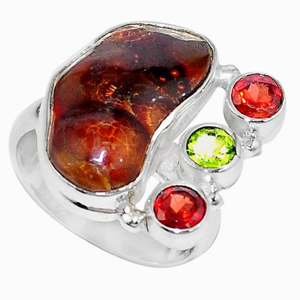 Natural multi color mexican fire agate peridot 925 silver ring size 6.5 k87270