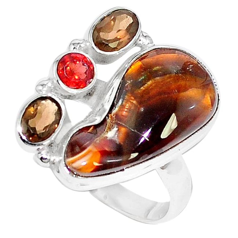 Natural multi color mexican fire agate smoky topaz 925 silver ring size 8 k87398
