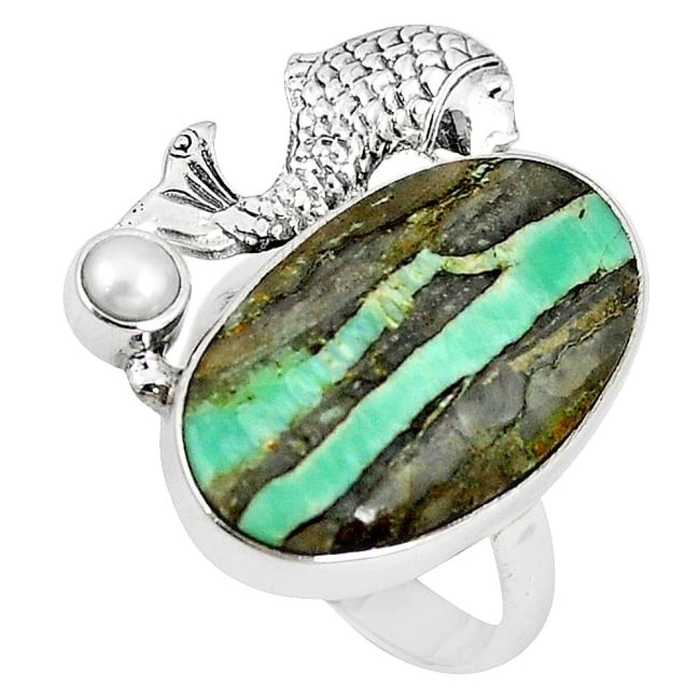 925 sterling silver natural green variscite white pearl fish ring size 8 k87948