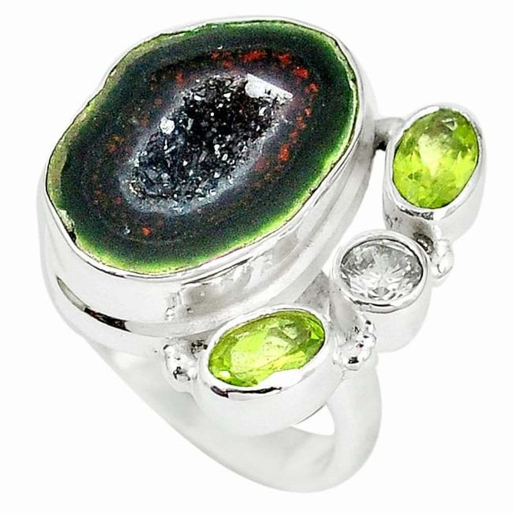 Natural brown geode druzy peridot 925 silver ring jewelry size 7.5 k88183