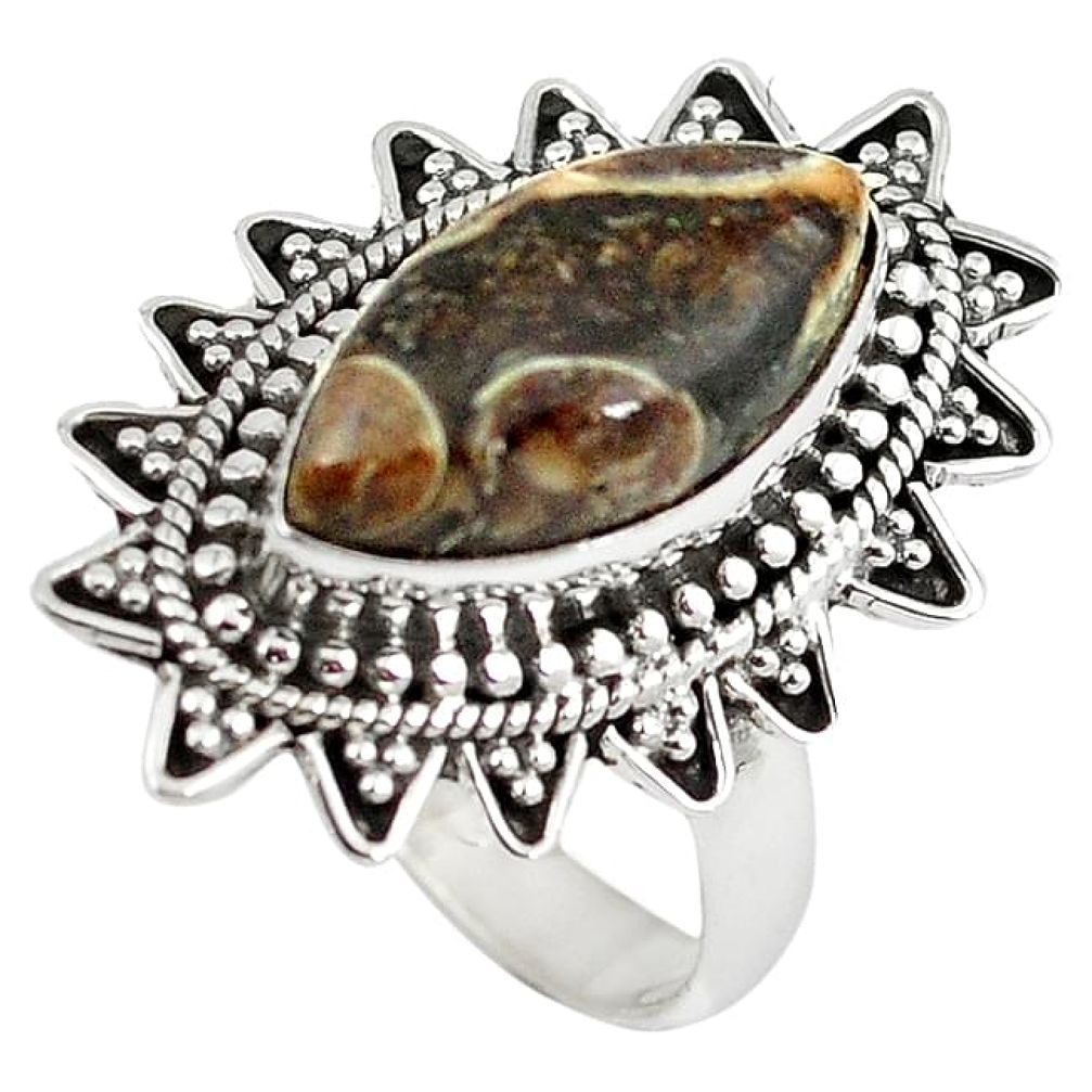 Natural brown turritella fossil snail agate 925 silver ring size 9 k89873