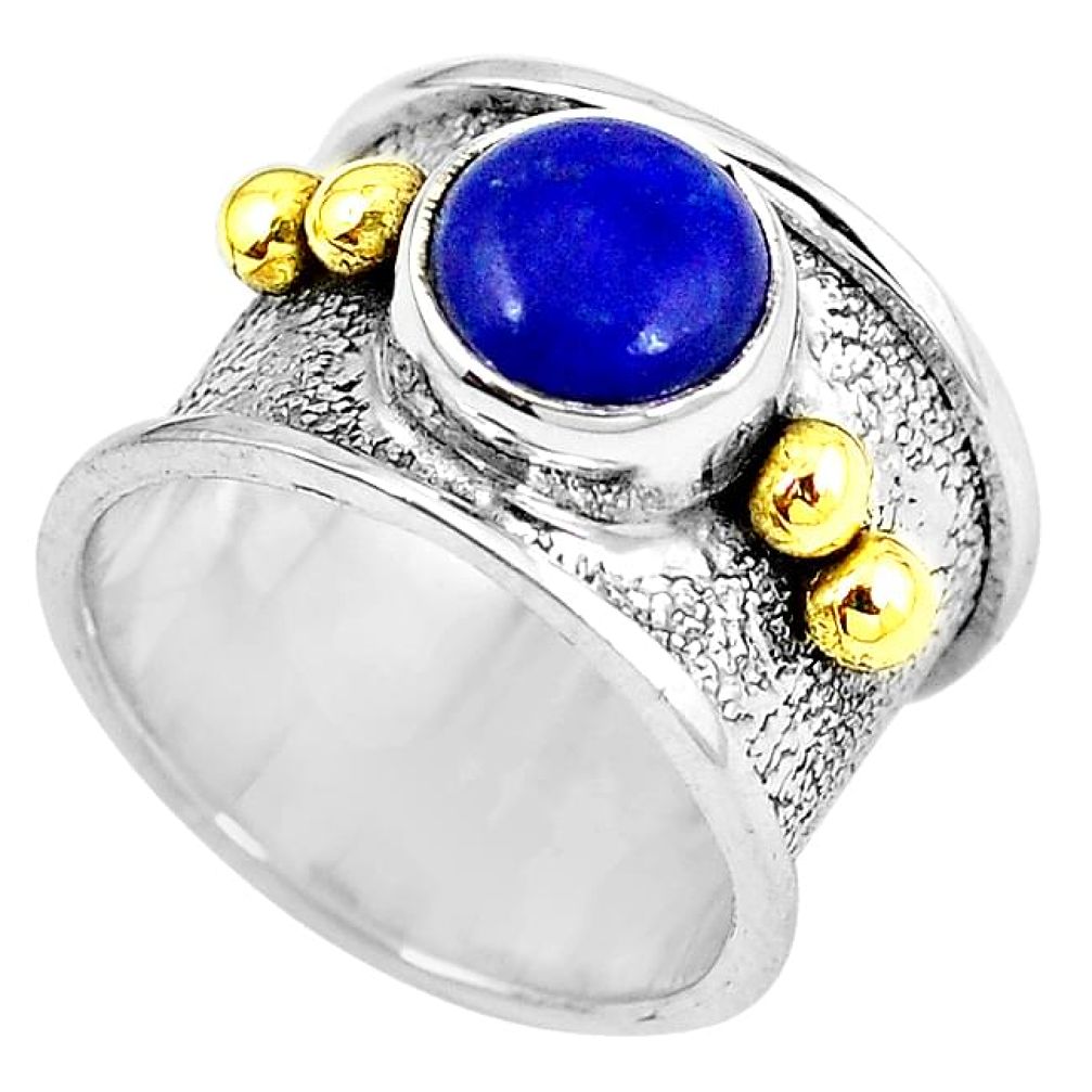 Victorian natural blue lapis lazuli 925 silver two tone band ring size 6 k90440