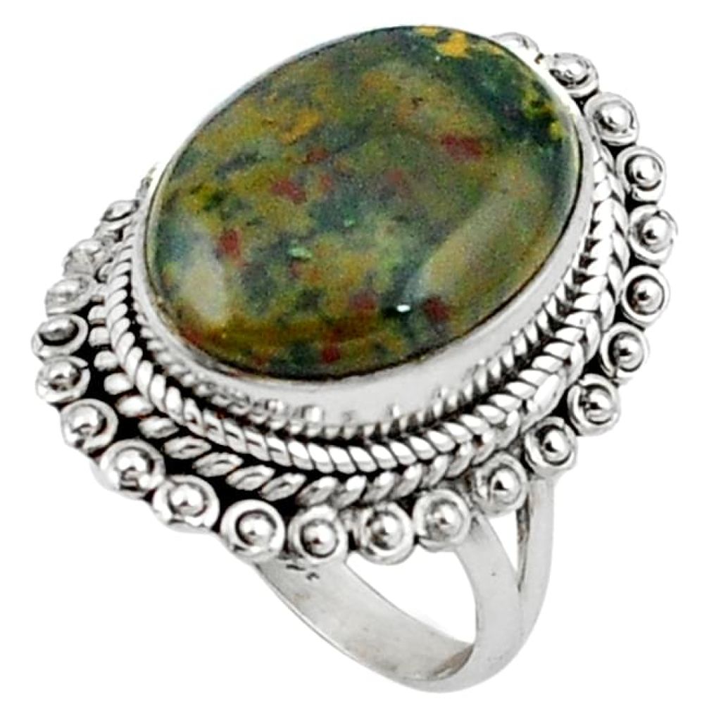 Natural green bloodstone african (heliotrope) 925 silver ring size 7 k92384