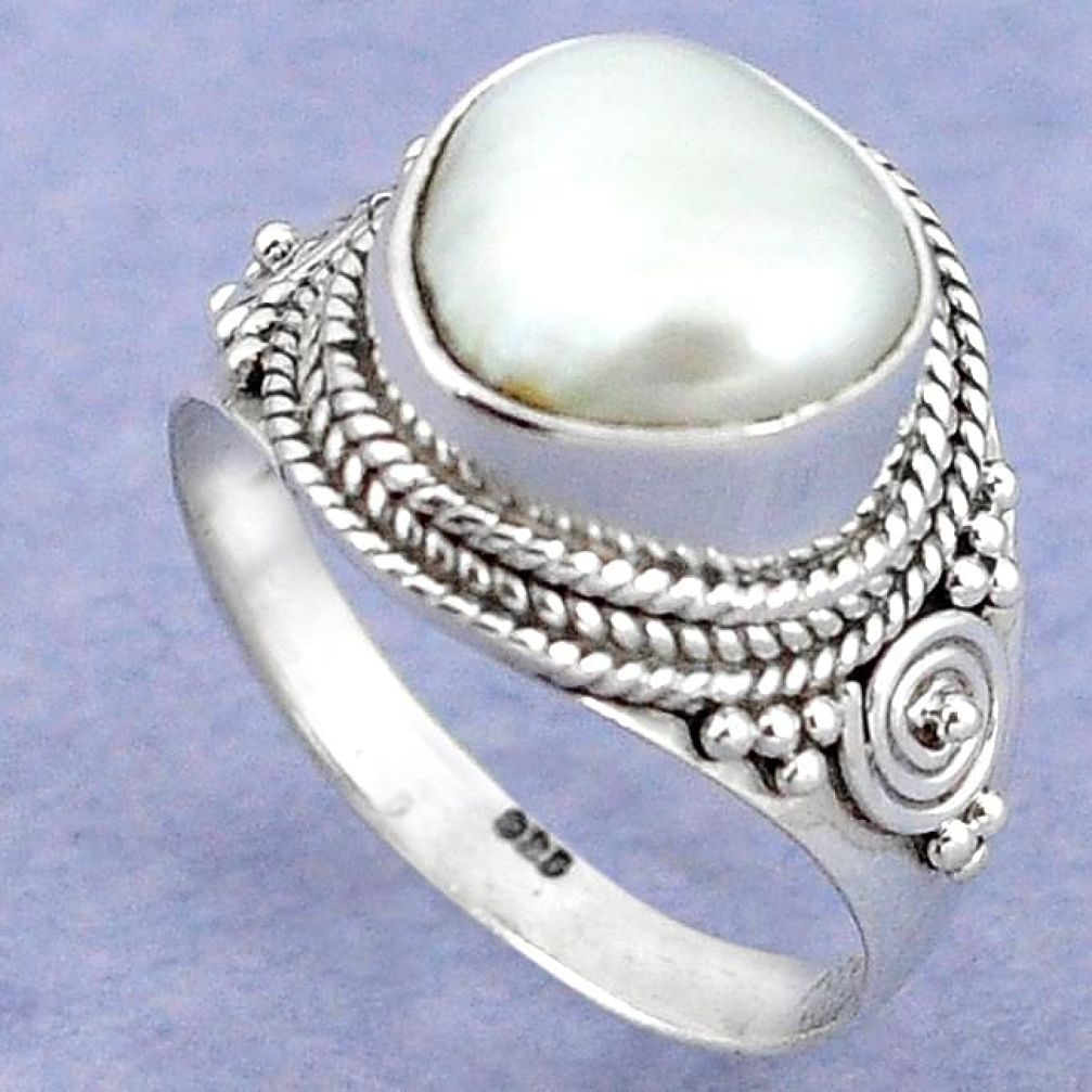 Natural white biwa pearl 925 sterling silver ring jewelry size 9 k92952