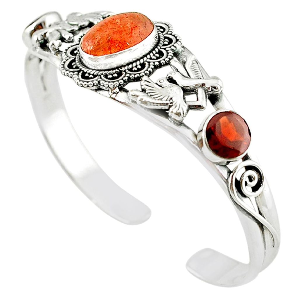 Natural orange sunstone (hematite feldspar) 925 silver adjustable bangle m10380