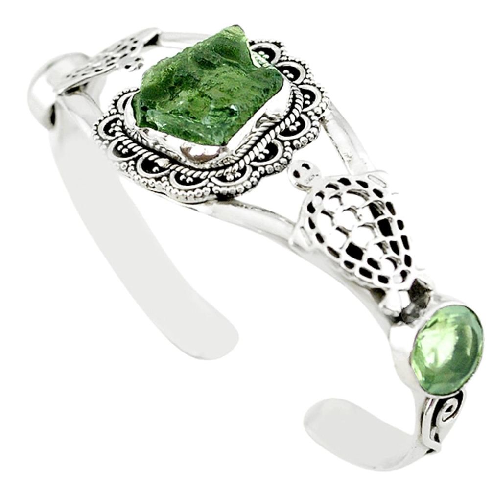 Natural green moldavite (genuine czech) 925 silver adjustable bangle m10450