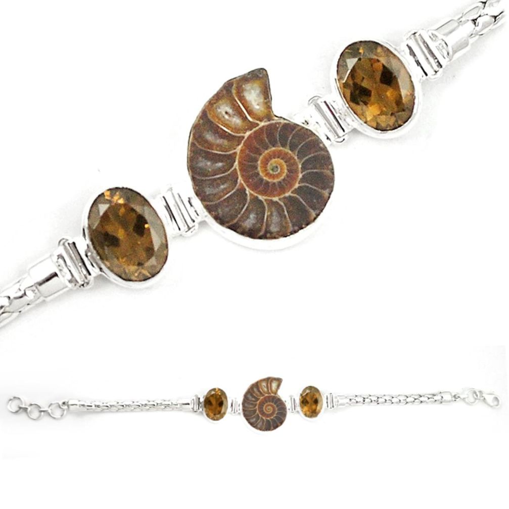 Natural brown ammonite fossil smoky topaz 925 silver bracelet m23181